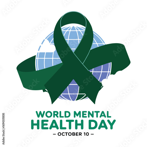World Mental Health Day Awareness Poster October 10 Green Ribbon Globe Design