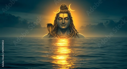 Lord Shiva appears across the sea, made by Ai