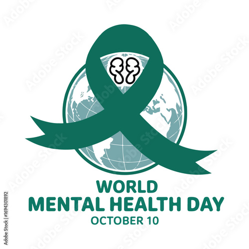 World Mental Health Day Awareness Poster October 10 Green Ribbon Globe Design