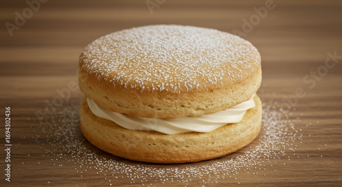 Round pastry dessert with creamy filling and powdered sugar on a wooden surface