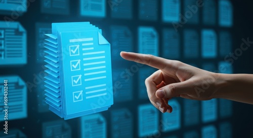 Hand pointing at a digital document with check marks on a blue background