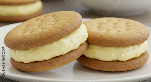 Sandwich cookies close up on white plate dessert food photography