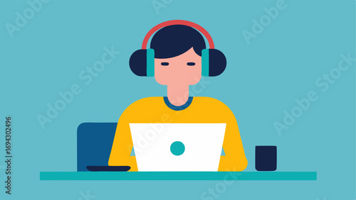 Customized NoiseCanceling Headphones An illustration of an employee using noisecanceling headphones while working at their desk emphasizing options for auditory sensitivity.