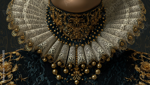 Close up of a woman wearing an elaborate elizabethan ruff and ornate historical costume