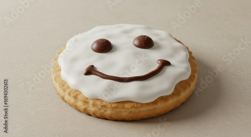 Smiling cookie with white frosting and chocolate chip features on plain background