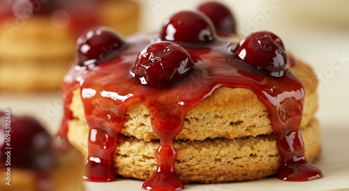 Stack of biscuits topped with a red glaze and cherries close up