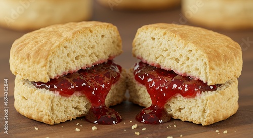 Two biscuits with red jam filling on a soft background studio style food photography