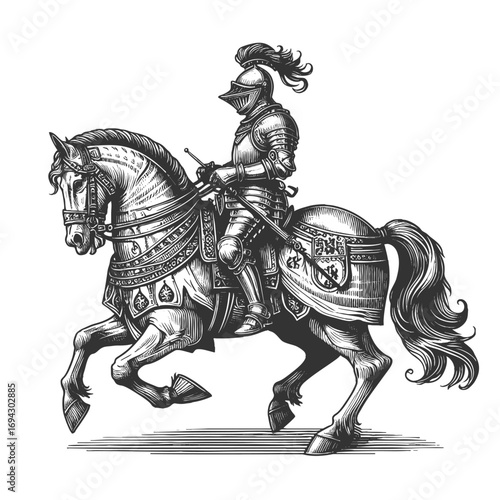 medieval knight in full armor on a decorated horse, symbolizing chivalry, honor, and history sketch engraving generative ai fictional character vector illustration. Scratch board. Black and white.