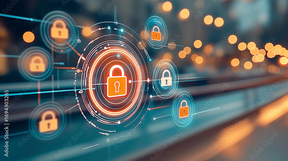 Fototapeta premium Secure network concept with glowing lock icons connected by digital lines, representing data protection and cybersecurity in futuristic environment with warm bokeh lights