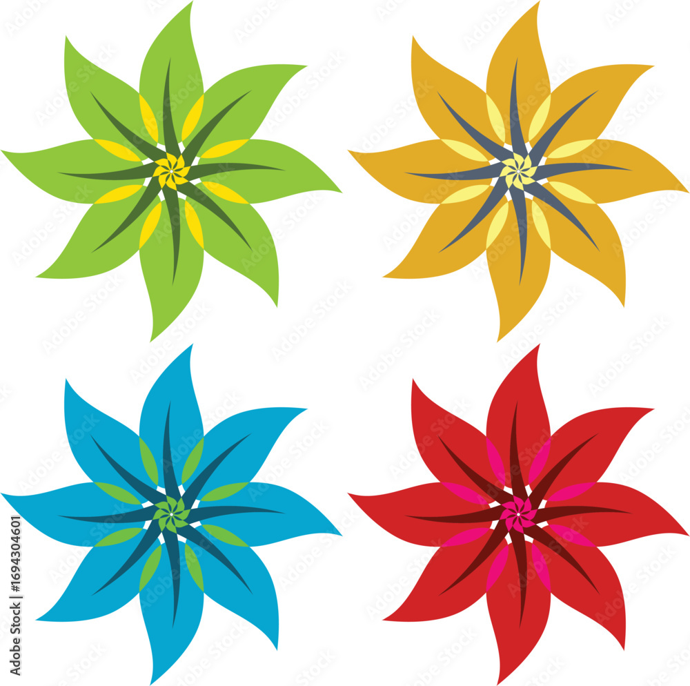 Obraz premium A detailed vector illustration featuring a set of four unique floral-inspired designs, each showcasing a vibrant and distinct color palette. This versatile collection is perfect for a wide variety of