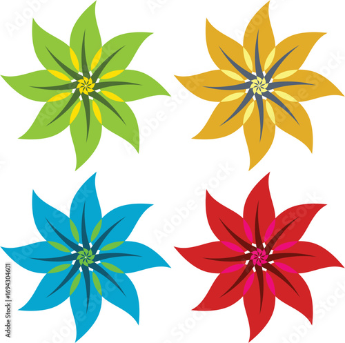 A detailed vector illustration featuring a set of four unique floral-inspired designs, each showcasing a vibrant and distinct color palette. This versatile collection is perfect for a wide variety of