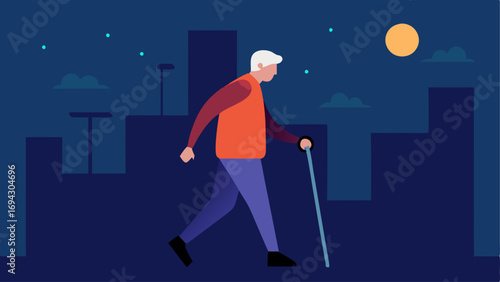 Canes with Features An elderly individual with a stylish cane that has LED lights walking confidently in the evening with the cityscape behind them.