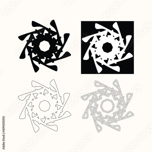 Four abstract vector designs featuring a modern and intricate star shape with dynamic, spinning elements. These versatile illustrations are perfect for a wide range of creative projects, including mod