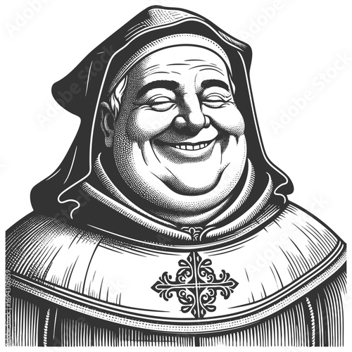 cheerful monk wearing a robe with a cross, symbolizing joy, faith, and medieval tradition sketch engraving generative ai fictional character vector illustration. Scratch board. Black and white image.