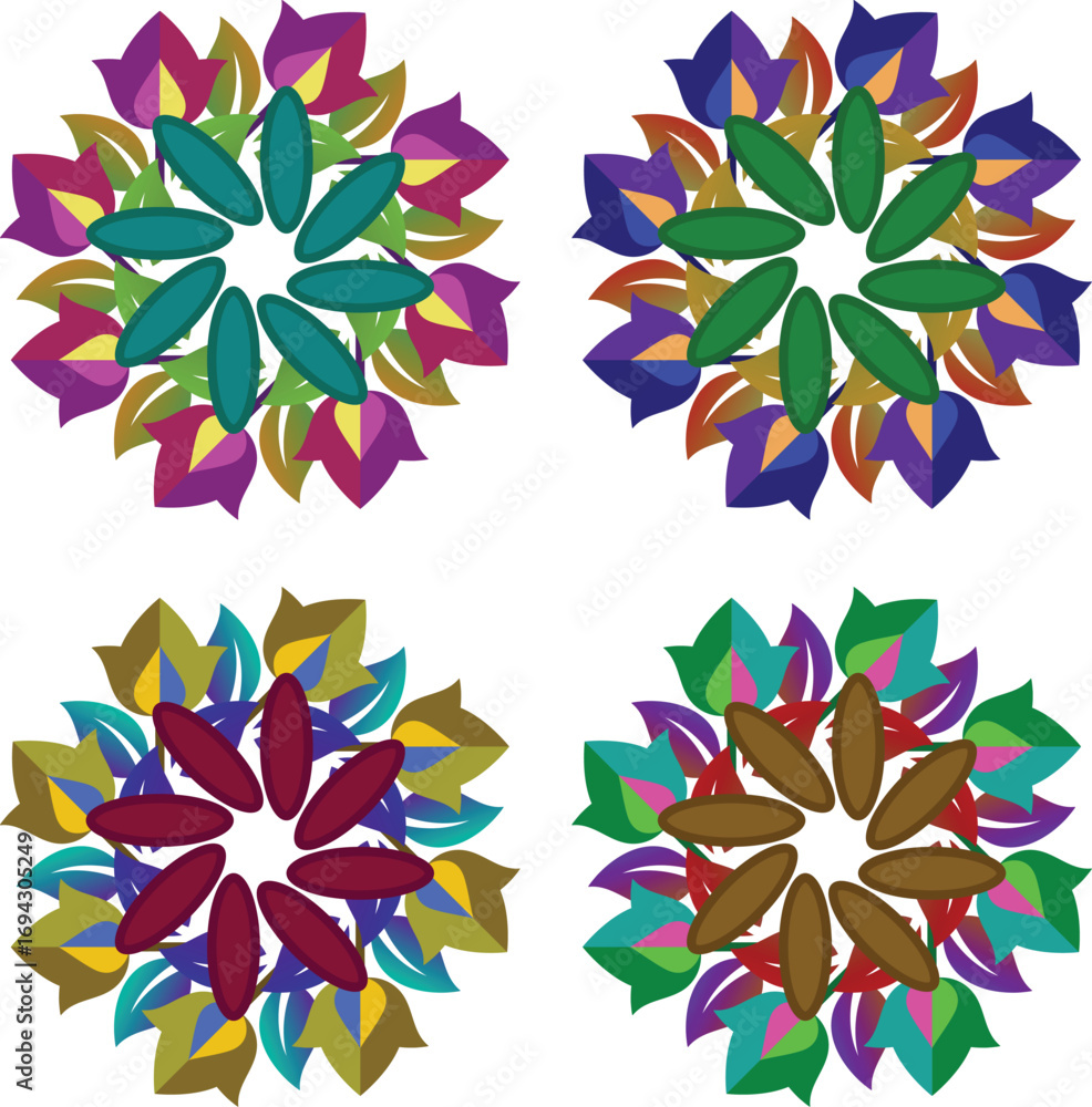Obraz premium A detailed vector illustration featuring a set of four unique floral-inspired designs, each showcasing a vibrant and distinct color palette. This versatile collection is perfect for a wide variety of