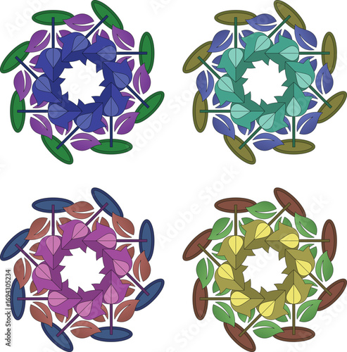 A detailed vector illustration featuring a set of four unique floral-inspired designs, each showcasing a vibrant and distinct color palette. This versatile collection is perfect for a wide variety of