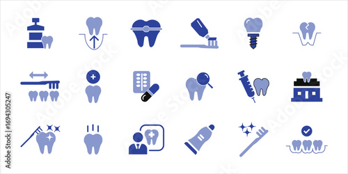 dental icons set. tooth, toothpaste, toothbrush and more. simple color vector illustration