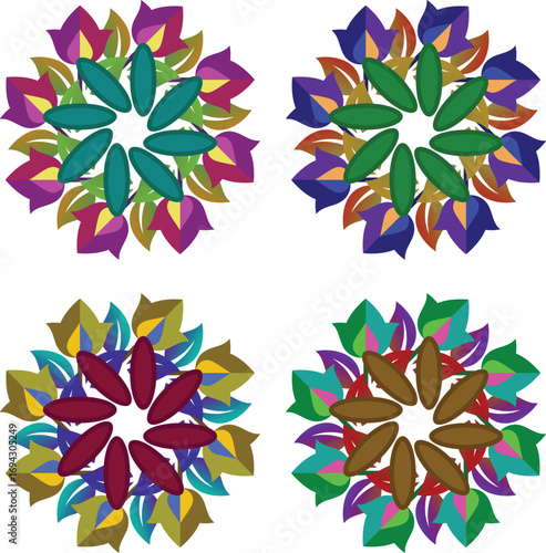 A detailed vector illustration featuring a set of four unique floral-inspired designs, each showcasing a vibrant and distinct color palette. This versatile collection is perfect for a wide variety of