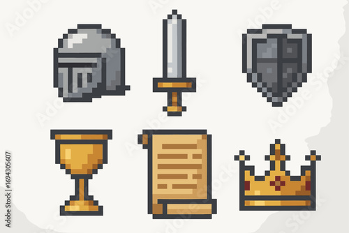 Pixel art medieval icons: helmet, sword, shield, goblet, scroll, crown