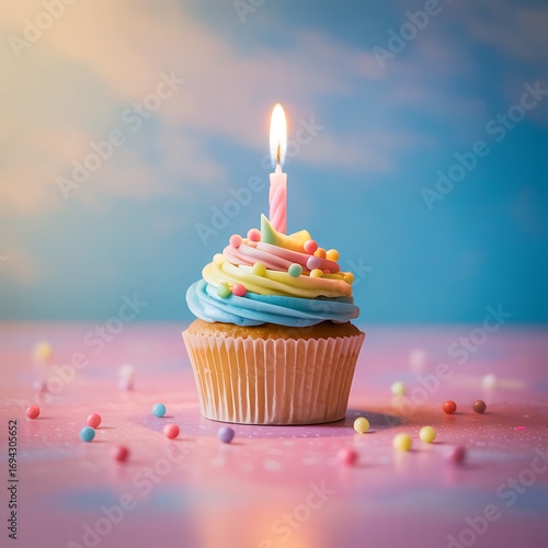 Festive rainbow cupcake with one lit candle and sprinkles