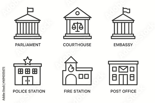 Line icons of parliament courthouse embassy police fire station post office