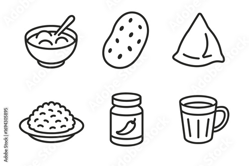 Line art icons of indian cuisine: samosa, rice, spices, chutney, and tea