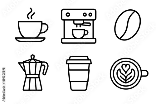 Coffee icons: cup, machine, bean, moka pot, takeaway, latte art