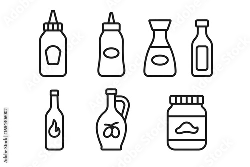 Minimalistic line icons of various sauce bottles and containers