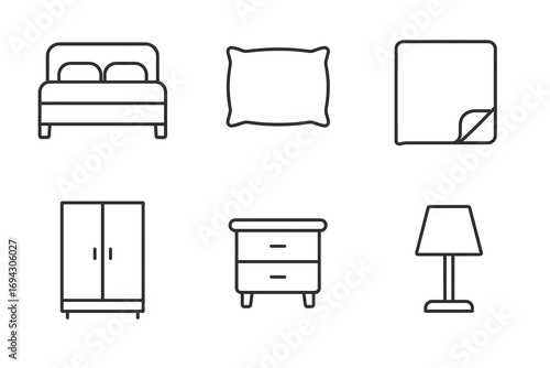Minimalist bedroom furniture icons: bed, pillow, blanket, wardrobe, nightstand, lamp