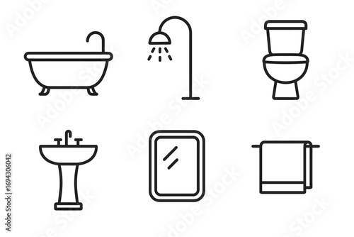 Minimalist bathroom icons: bathtub, shower, toilet, sink, mirror, towel rack