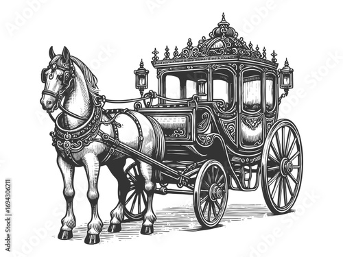 horse-drawn carriage with decorative details, symbolizing royalty, tradition, and historical travel sketch engraving generative ai vector illustration. Scratch board imitation. Black and white image.