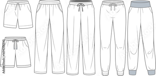Jogger pants, casual shorts, fashion sketch, technical drawing, garment design, vector illustration, flat style, apparel template, CAD drawing, flat vector