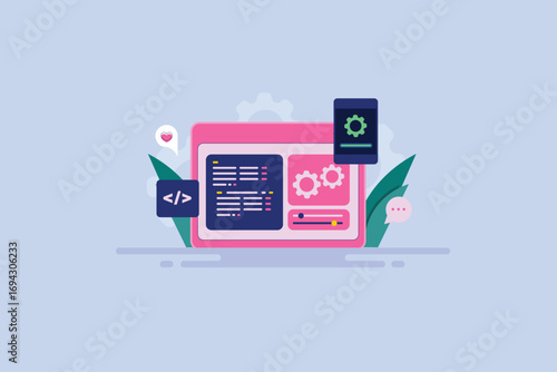 Structured view of app development process with source code, system settings and mobile performance visual.