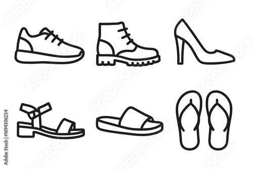 Outline illustrations of six footwear types including sneakers, boots, heels, sandals, slides, flip-flops