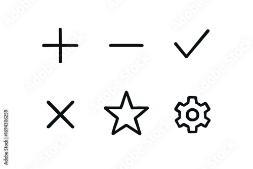Simple line icons: plus, minus, check, cross, star, gear