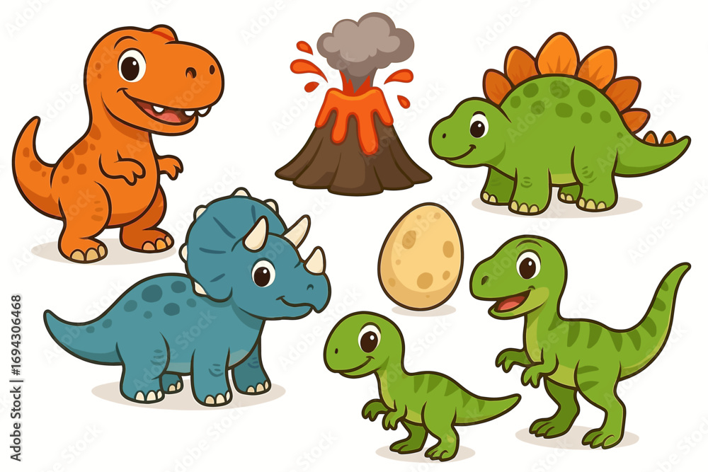 Naklejka premium Cartoon dinosaurs with egg and volcano in colorful fun illustration