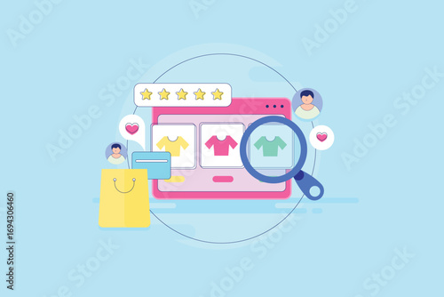 Ecommerce interface highlights featured apparel items with zoom view, customer rating seamless credit card checkout system.
