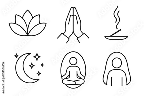 Minimalist icons: lotus, prayer hands, incense, moon, meditation, figure