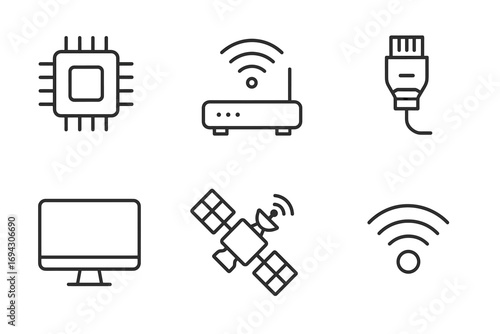 Technology icons: chip, router, ethernet, monitor, satellite, wifi signal