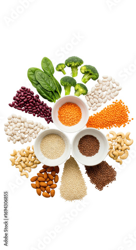 Assorted healthy plant based protein sources including spinach, broccoli, beans, lentils, seeds, and nuts arranged in circular pattern, vibrant and fresh for nutritious diet