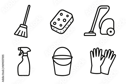 Outline icons of cleaning supplies: broom, sponge, vacuum, spray, bucket, gloves