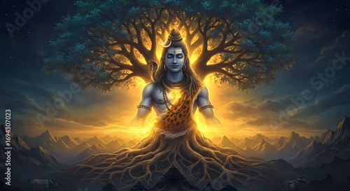 God Shiva appear in sacred tree with divine aura, made by Ai