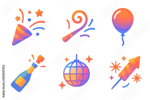 Colorful party icons: celebration, balloon, disco ball, firework, bottle, party popper