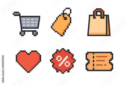 Pixel art shopping icons: cart, tag, bag, heart, discount, ticket