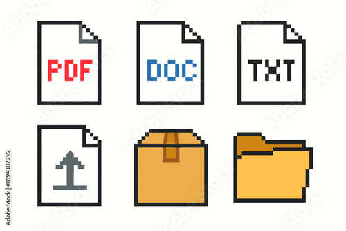 Pixel art icons featuring pdf, doc, txt files and folders