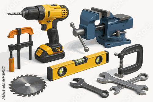 Set of essential hand tools: screwdriver, wrench, level, saw blade, vice, clamp