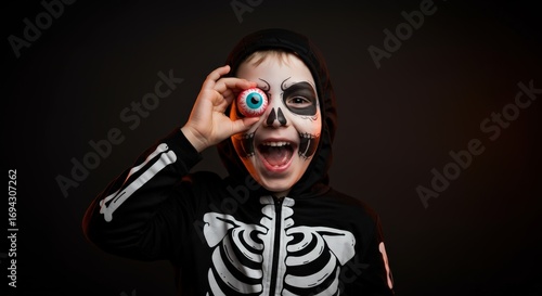 Cheerful boy in skeleton costume playing with fake eyeball
