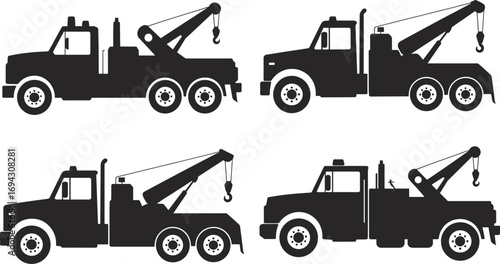 Tow truck silhouette, vehicle recovery icon, crane arm illustration, roadside assistance graphic, black flat vector, transportation service design, flat vector illustration