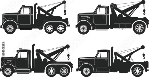 Tow truck silhouette, black and white icon, crane arm vehicle, roadside rescue graphic, flat vector illustration, transportation service design