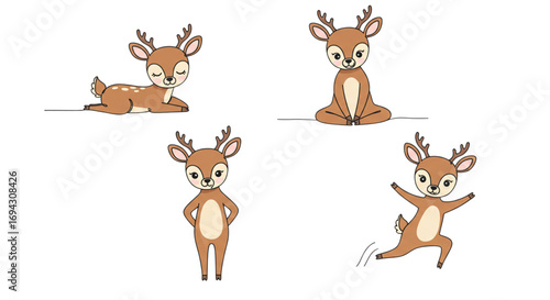 Cute Cartoon Deer in Different Poses – Vector Illustration Set